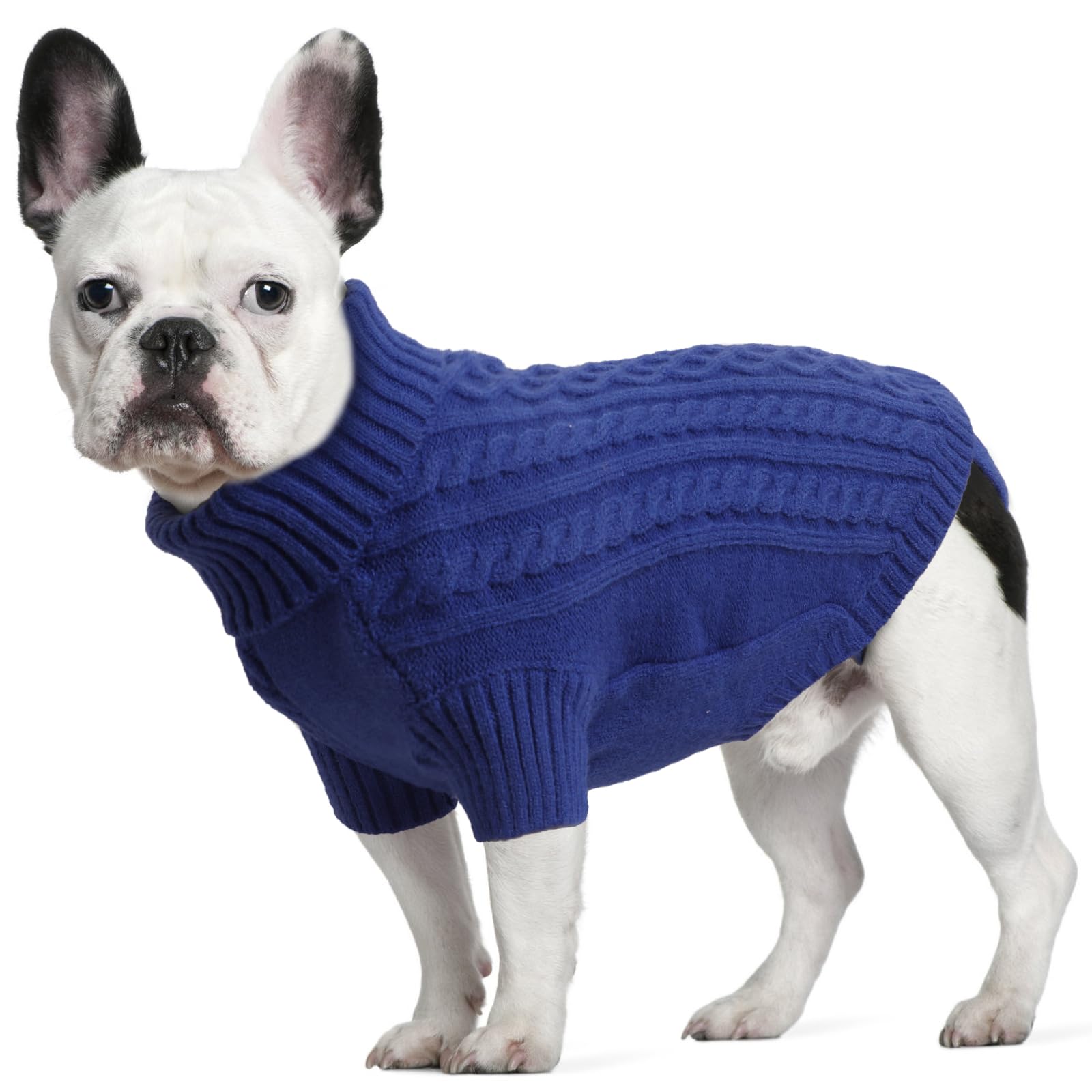 LiebeDD Large Dog Jumper, Turtleneck Knitted Dog Sweater with Leash Hole Winter Warm Jumper for Large Dogs Cold Weather Knitwear for Labrador Pug, Sapphire Blue