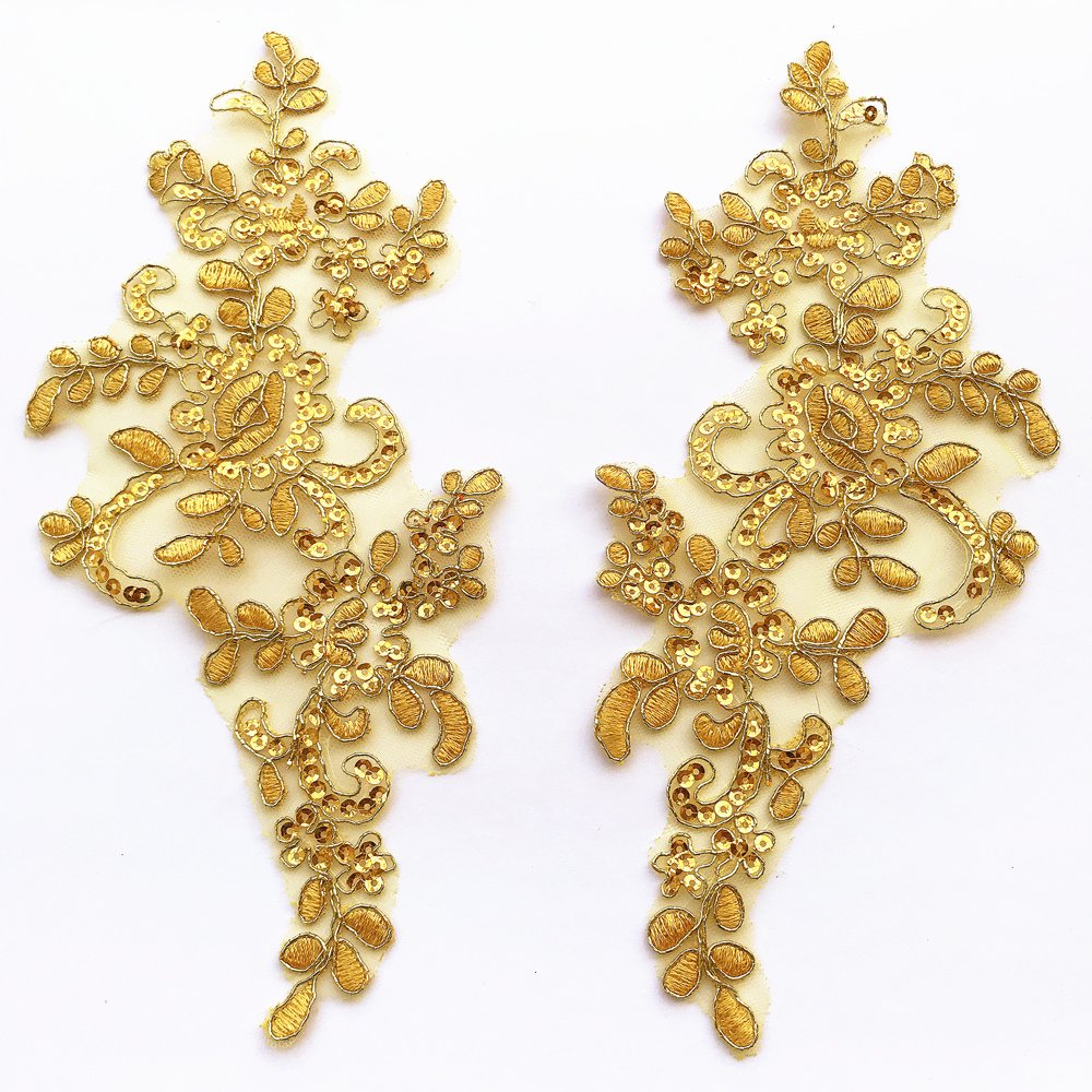 Photo 1 of 1 Pair Fine Lace Fabric Patches Embroidered Trim Applique Decor Dress Decoration (Yellow)