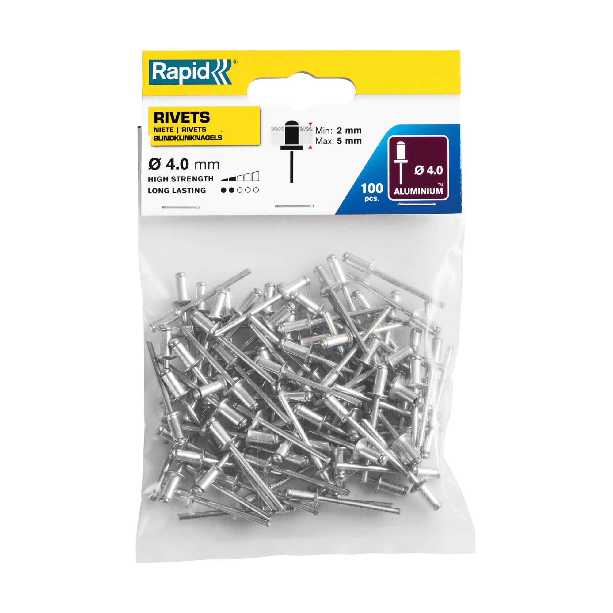 Rapid Rivets Standard Alumium rivets, 4 x 8 mm, 5000378, - 100 Pieces, Silver/ Clear/ Blue
