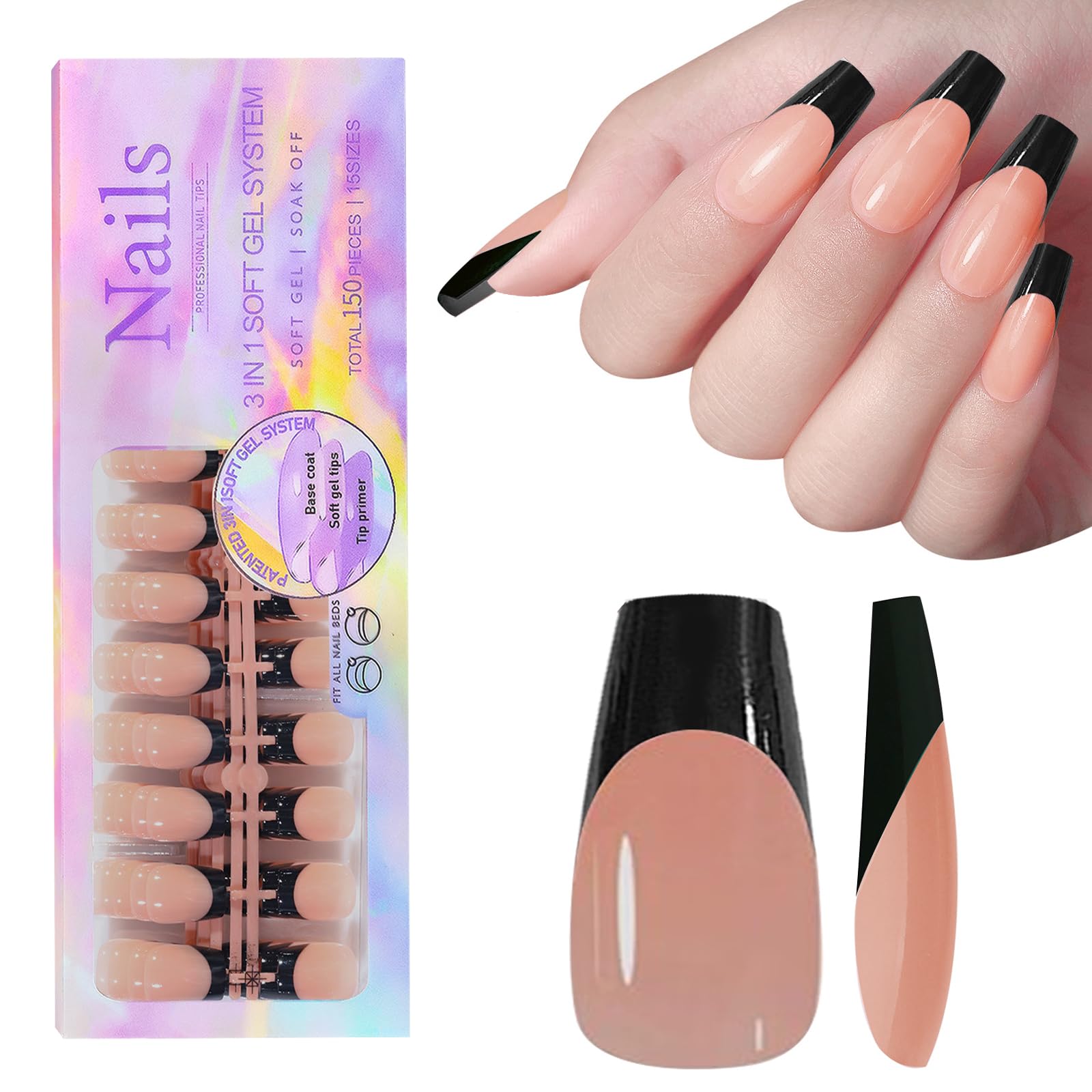 French Gel Nail Tips, 150pcs Medium Coffin Press on Soft Gel Fake Nails, 3 in 1 X-coat Pre-Applied Tip Primer & Base Coat, 15 Sizes for DIY Nail Extension, No Filing Required (HJ-NT087-No.11)