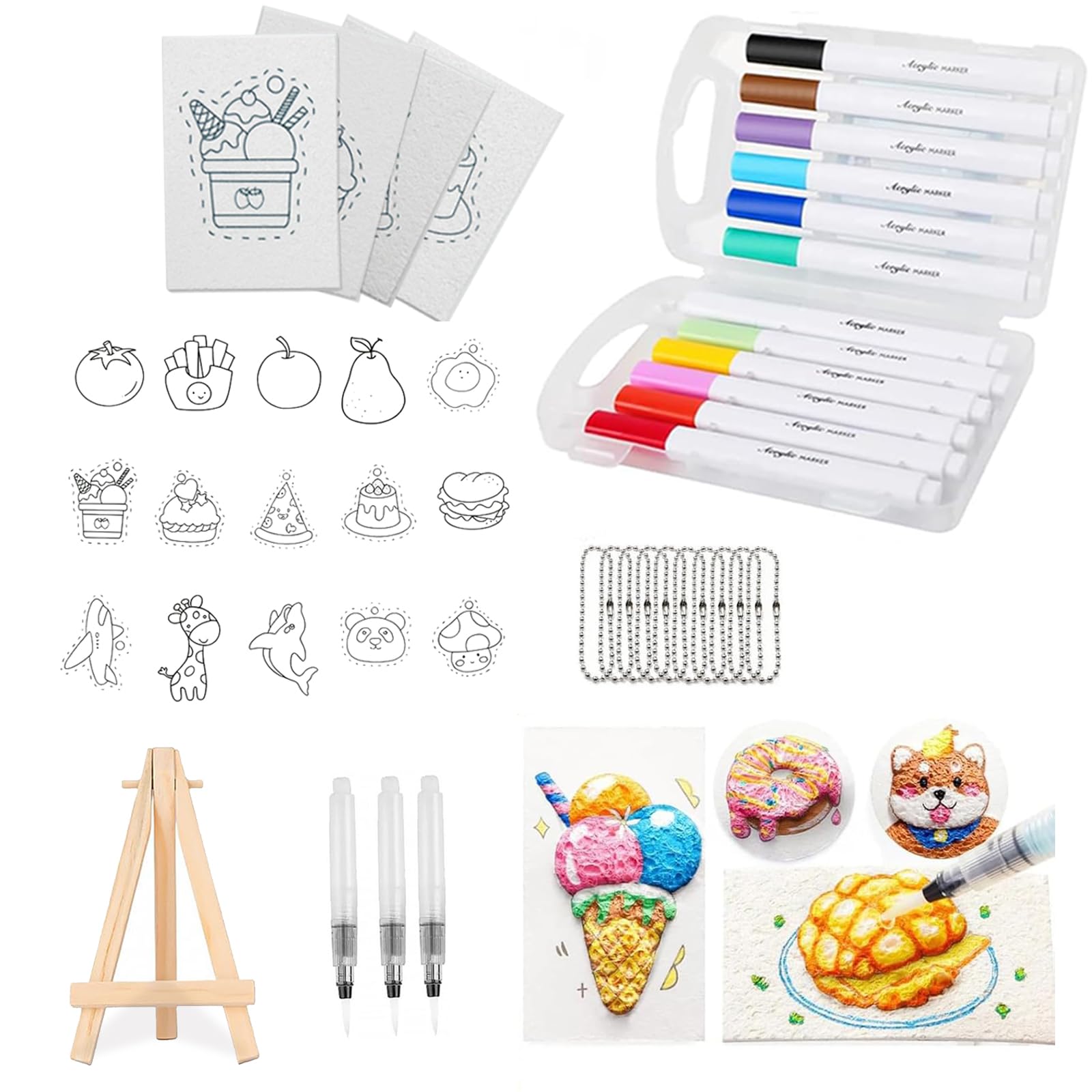 SunYoda Magic Puffy Paint, 41Pcs Foam Texture Painting Kit Including 15 Pcs Different Patterns Canvas Sponge, 12 Colored Pens, 10 Bead Chain, 3 Water Pens and 1 Mini Easel, Magic Painting Kit