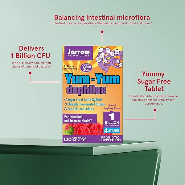 JARROW FORMULAS YUM-YUM DOPHILUS, NATURAL RASPBERRY PROBIOTIC SUPPLEMENT – 1 BILLION ORGANISMS PER SERVING – 120 CHEWABLE TABLETS – INTESTINAL & IMMUNE HEALTH – FOR KIDS & ADULTS (PACKAGING MAY VARY) (PACK OF 1)