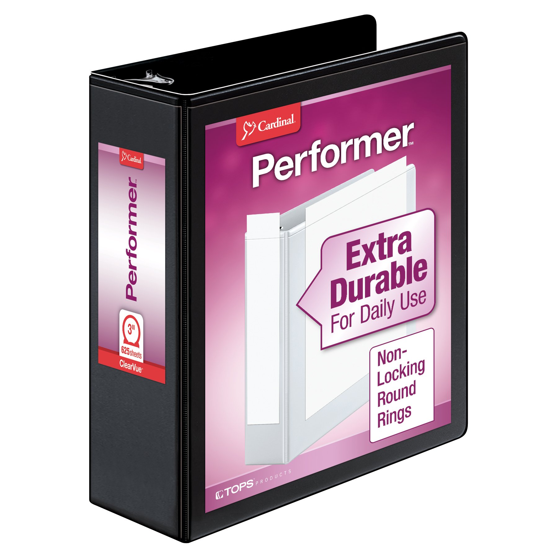Photo 1 of Cardinal 3 Ring Binder, Binders for School and Office, Durable 3 Inch Performer ClearVue Binder, Round Rings, 625-Sheet Capacity, Customizable ClearVue Covers, PVC-Free, Black (67525)