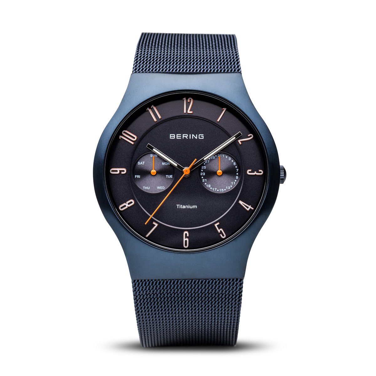 BERING Men Analog Quartz titanium collection Watch with stainless steel Strap and Sapphire Crystal 11939-393, Blue/Blue, 39