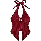 Milumia Women's Sexy Slit Baxkless Halter Top Y2k Going Out Crop Tank Tops Going Out