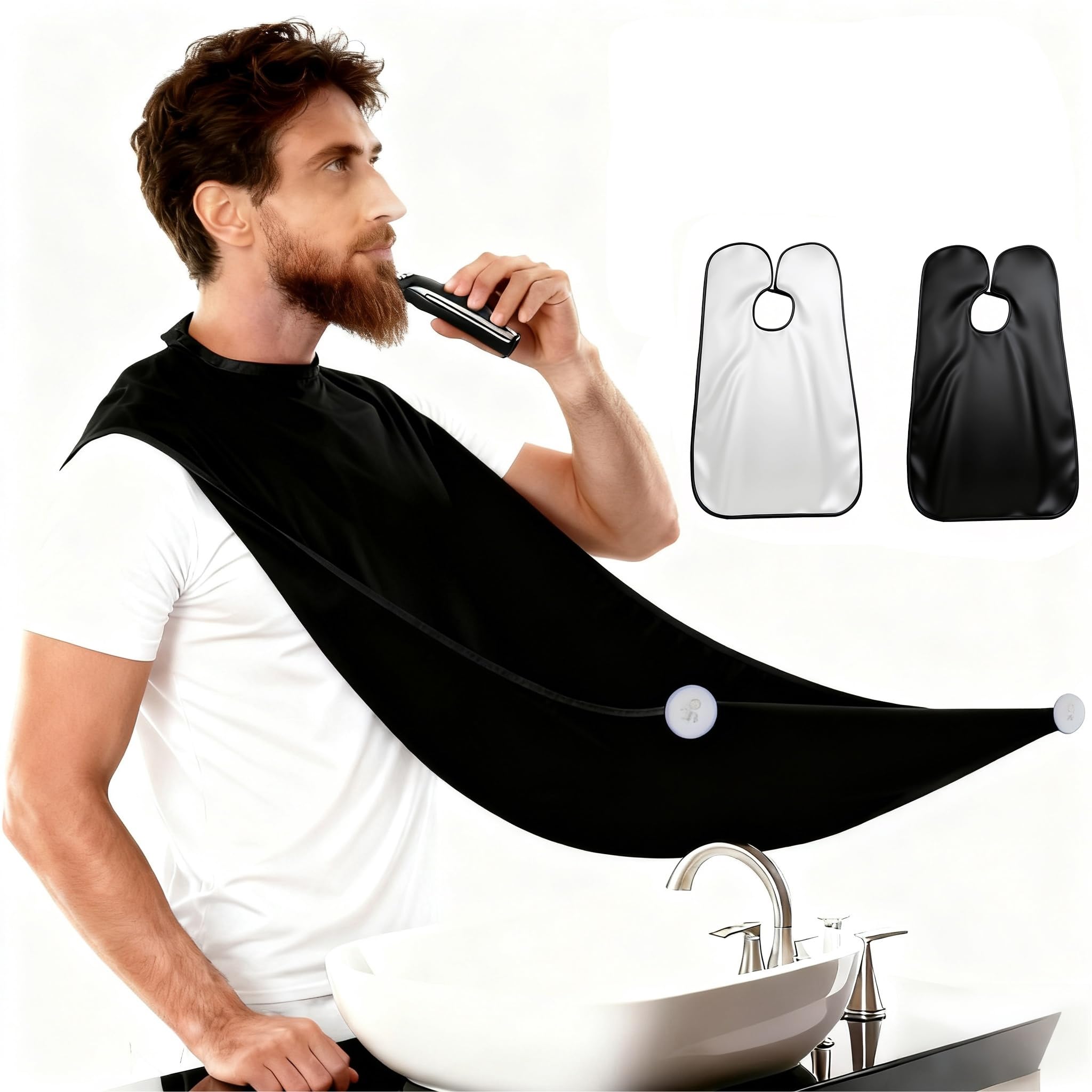 Photo 1 of 2 Pack Beard Bib Apron for Men, Hair Catcher for Shaving & Trimming with Suction Cups – Practical & Funny Shaving Accessory Gift for Husband, Dad, or Boyfriend (Black and White)