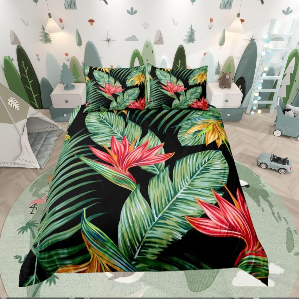 Loussiesd Girls Palm Leaf Duvet Cover Green Palm Tree Print Bedding Set Tropical Botanical Bed Cover for Kids Women Room Decor Hawaiian Nature Theme Bedspread Cover King Size With 2 Pillow Case — image 1