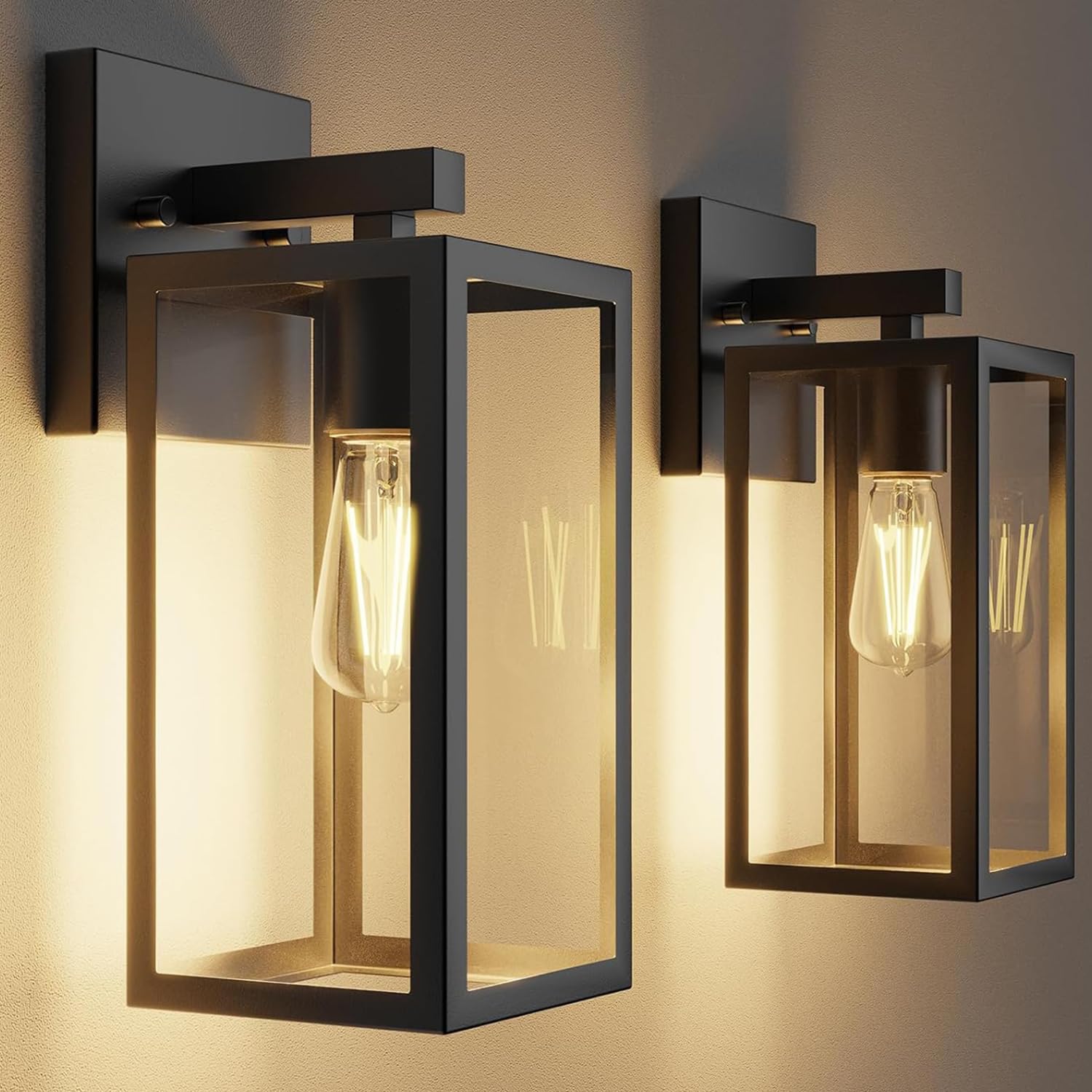 Photo 1 of **INCOMPLETE, MISSING PARTS** Kalium Porch Lights Outdoor Wall Light Fixture 2pcs, Matte Black, Wall Sconce 12.4 in, Toughened Frame, Clear Glass Shade, Waterproof Lanterns, for Patio, Exterior, Front, Door, Entryway