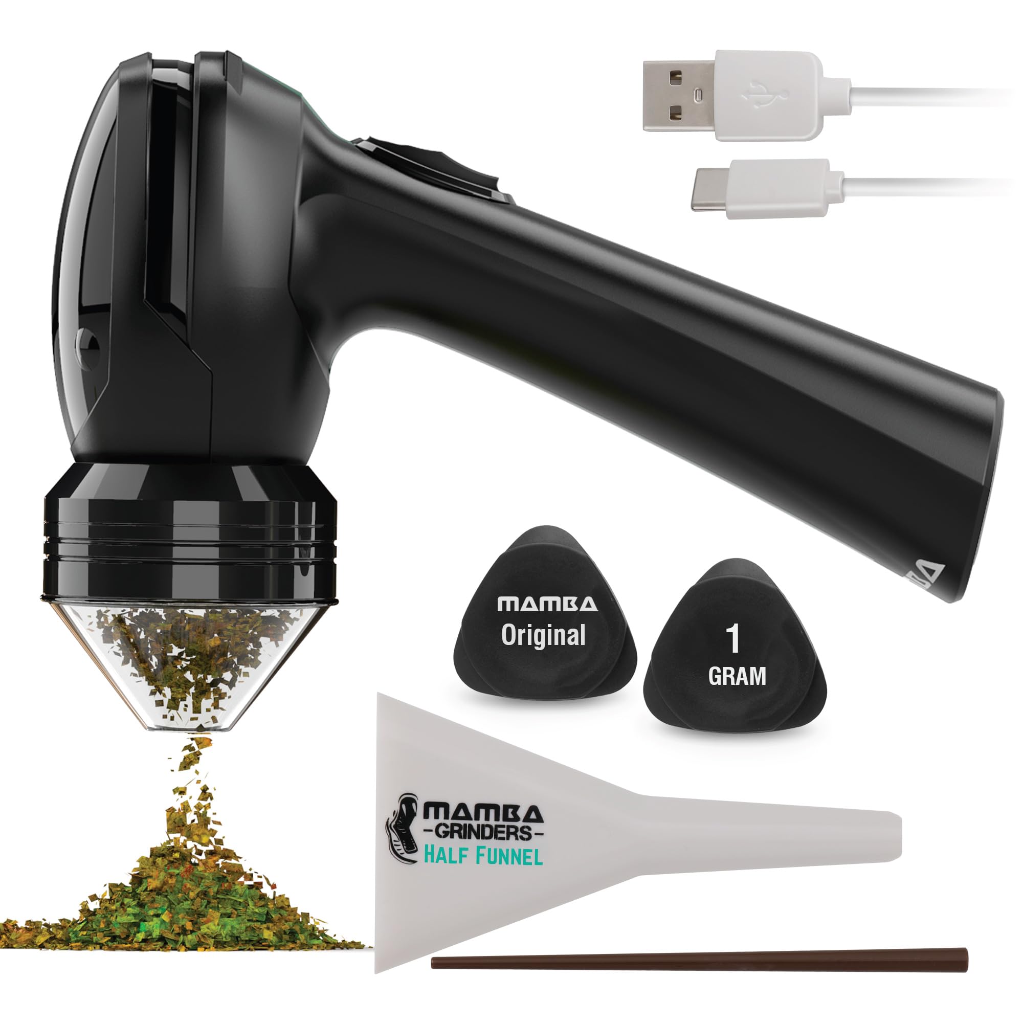 Mamba Original 1g Black USB Electric Herb Grinder. Small Portable Metal Herbal Machine & Spice Mill for the Kitchen