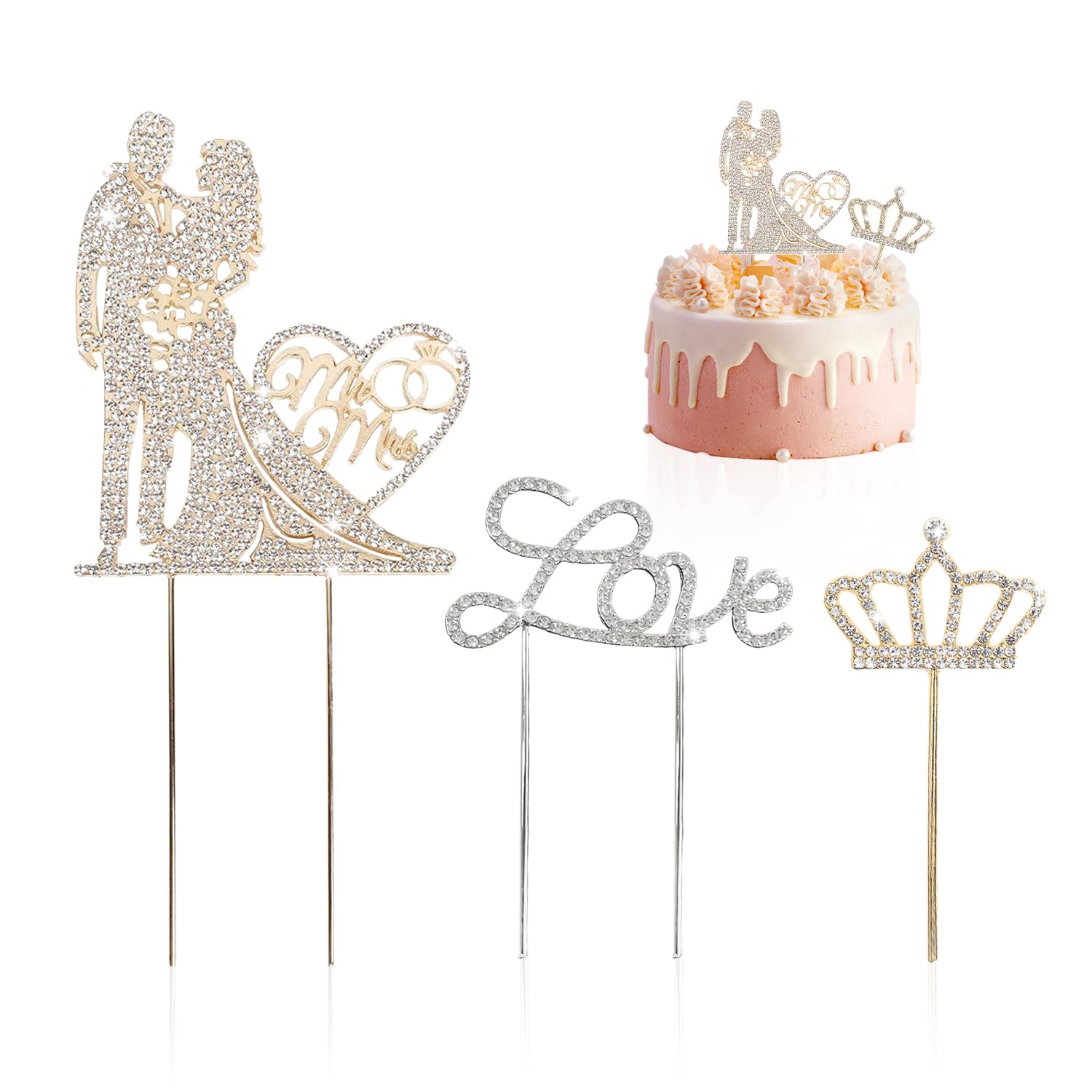 3 Pack Wedding Cake Toppers,Mr & Mrs Wedding Decor,Heart Crown Cake Topper,Rhinestone Cake Toppers,Personalized Cake Decorations,Suitable for wedding party