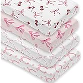 4 Pack Pink Bow Crib Sheet Set for Baby Girl, Soft Breathable Fitted Crib Sheet 28 x 52 in, Nursery Decor for Standard Crib and Toddler Bed Mattresses