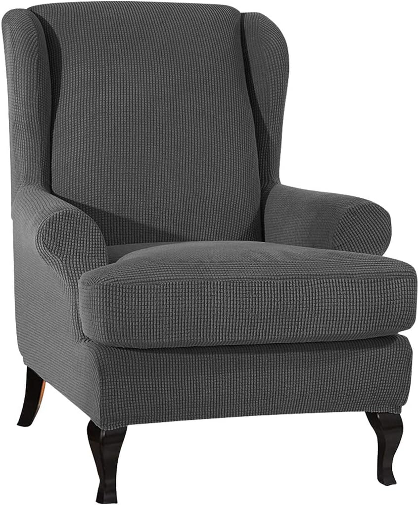 PETCUTE Wing Chair Slipcovers Armchair Covers with Ears Stretch Wing Chair Covers Jacquard Furniture Protector Dark gray