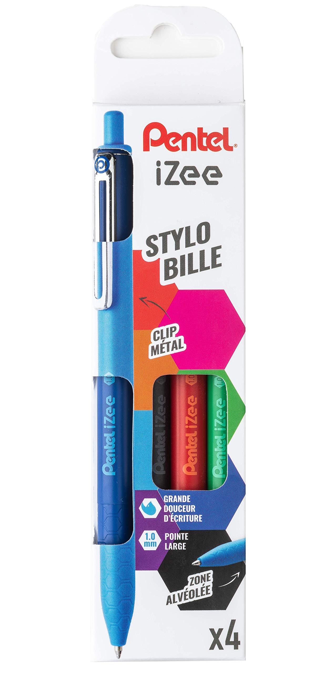 Pentel BX470/4BASIC Set of 4 Retractable IZee Ballpoint Pens with Metal Clip Black/Blue/Red/Green