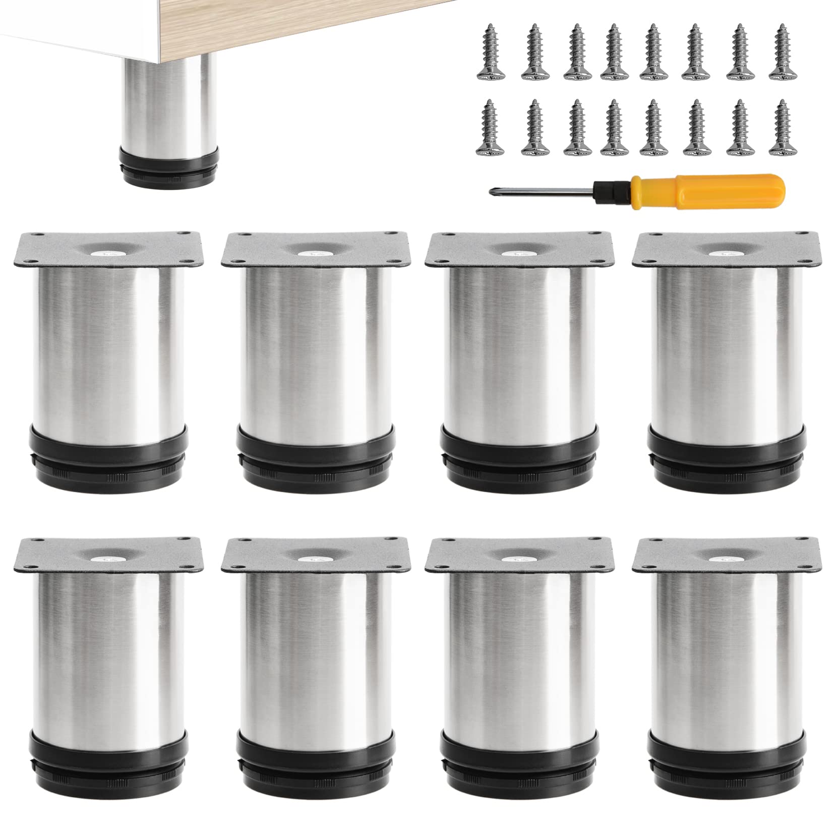 Toolzia 8Pcs Furniture Legs, 3.15"/8cm Adjustable Furniture Support Feet,Adjustable Height Replacement Support Feet Legs for Sofa Table Chair Desk Kitchen Cupboard Cabinets Legs Feet (Silver)