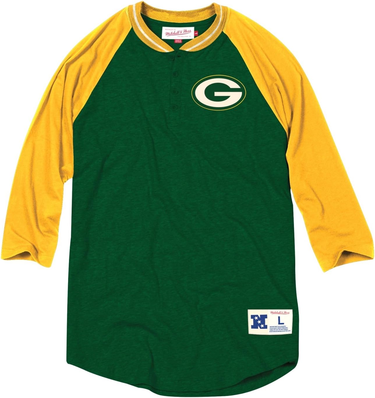 Mitchell & Ness Green Bay Packers NFL Men's 4th Down 3/4 Sleeve Henley Shirt Clothing