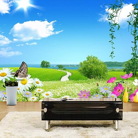 Amazon カスタム3d写真壁紙青空白い雲蝶自然風景壁アート壁画家の壁紙花の装飾 0x140cm 壁紙
