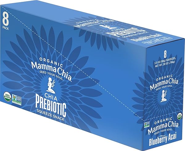 MAMMA CHIA ORGANIC PREBIOTIC SQUEEZE SNACK, BLUEBERRY ACAI, FIBER-RICH PREBIOTIC GUT SUPPORT,USDA ORGANIC, NON-GMO, VEGAN, GLUTEN FREE, 3.5 OUNCE (PACK OF 8)
