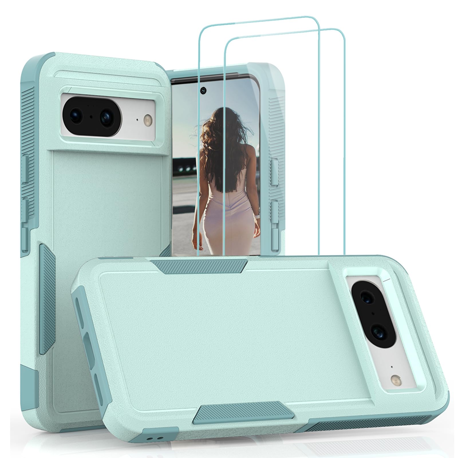 Jeylly for Google Pixel 8 Case with 2PCS HD Screen Protector, [Military Grade Drop Protection] Dual Layer Shock Absorption Bumper Anti Scratch Protective Cover for Google Pixel 8, Turquoise