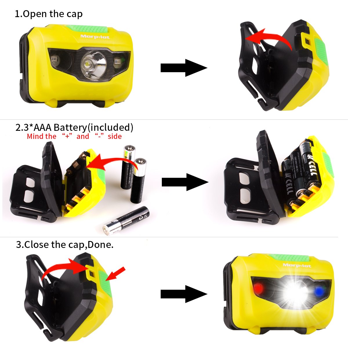 Morpilot LED Headlamp, Super Bright 180 Lumen, 5 Modes Emergency Flashlight Headlight, Waterproof Lightweight with SOS Strobe for Camping, Caving, Hiking, Walking, 3 Packs, 9 AAA Batteries Incl