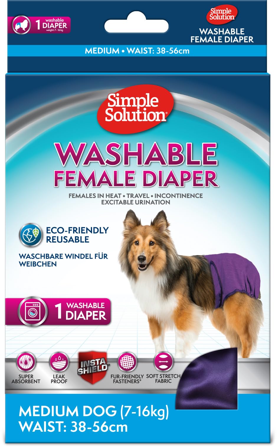 Simple Solution Washable Re-usable Female Dog Diapers, Absorbent with Leak Proof Fit for Excitable Urination, females in heat or Incontinence - 1 x Medium Dog Diaper