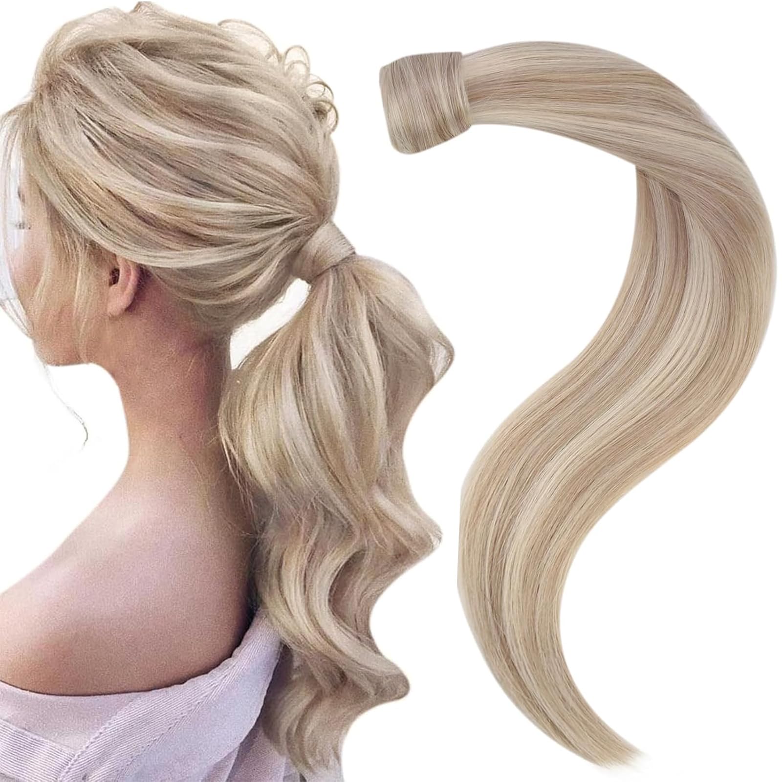 Easyouth Real Hair Ponytail Extension Blonde Highlight Ponytail Hair Extensions Real Human Hair 20 Inch 100g Ash Blonde Clip in Ponytail Extension Human Hair — image 1