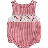 KtwHarnu Newborn Baby Boy Christmas Outfit Embroidery Sleeveless Smocked Bubble Romper Plaid Overalls Bodysuit Winter Clothes