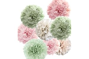 BAMONOS Tissue Paper Pom Poms Kit -Rose Pink and Sage Green Paper Flowers 12pieces for Gender Baby Shower Wedding Bridal Bachelorette Birthday Party Decorations (Green + Pink)