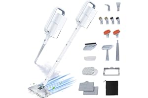 ScrubWiz Steam Mop Cleaner with Detachable Handheld Steamer, 12-in-1 Multi Accessories, Washable Microfiber Pads, 350ml and 2 Adjustable Levels for Cleaning Floor, Carpet, Tiles, and Grout, White