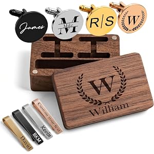 Custom Engraved Monogram Cufflinks for Men Personalized Initial Cuff Links & Tie Clip Set with Engraved Wood Box Wedding Gift