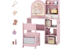 Costzon Kids Vanity with Lights, Girls Vanity Set with Mirror, Storage Drawer, Hooks & Shelves, Toddler Makeup Vanity Desk Dressing Table, Wooden Kids Vanity Table and Chair Set (Pink)
