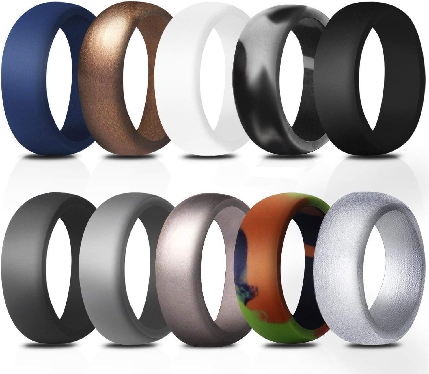 COOLOO Silicone Wedding Ring for Men, 10 Pack Affordable Silicone Rubber Wedding Bands Durable Comfortable Rings, Black White Blue Silver Gray