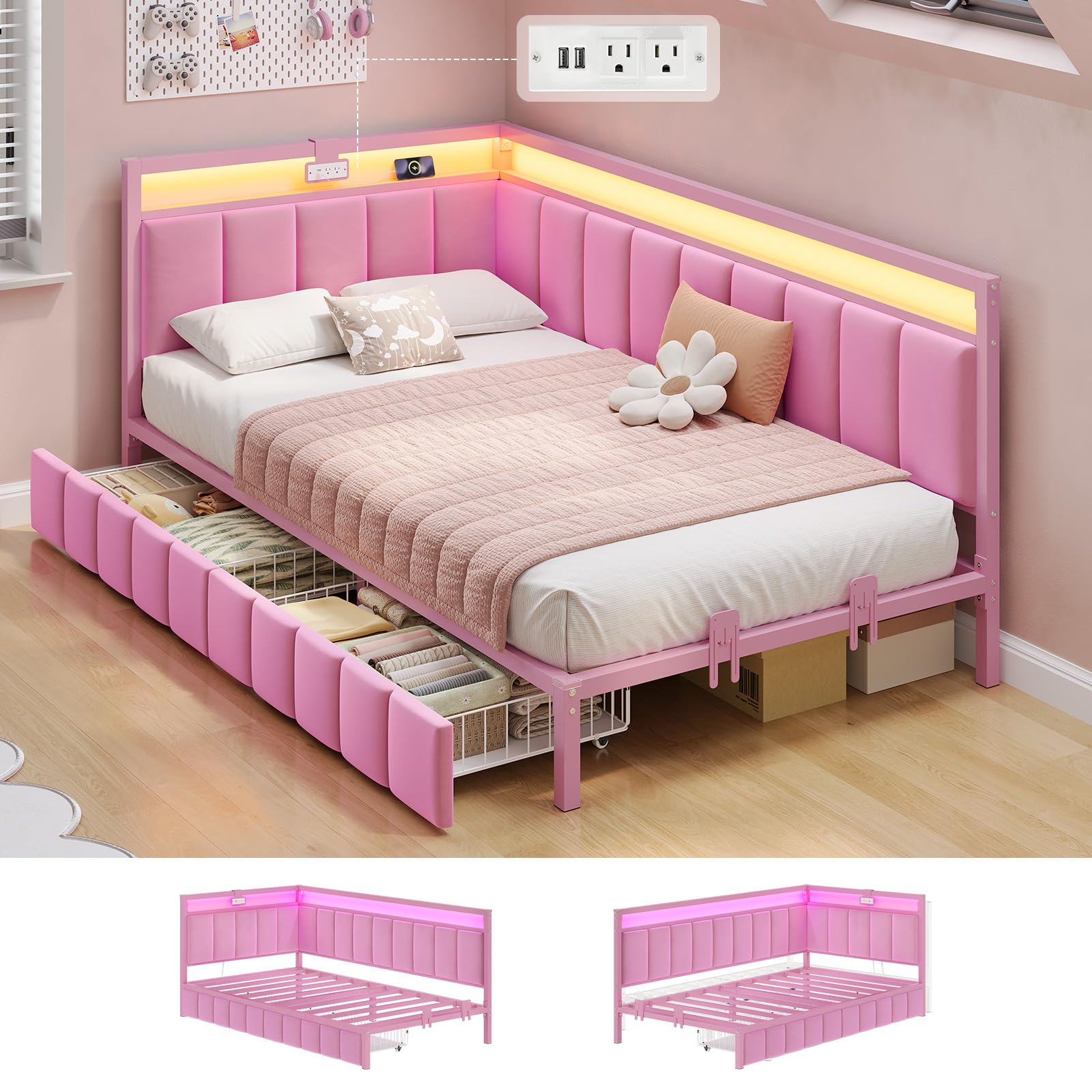 Hasuit Corner Bed Frame with Storage Drawers, Twin Daybed with Line Fabric Upholstered Fence, Kids Bed Unit with LED Light and Charging Station, Modern Bed Frame Twin Size, Pink