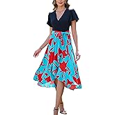 Kormei Women's Summer V Neck Short Sleeve Casual Boho Floral High Low Flowy Party Beach Long Maxi Dress