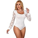 sunshinelady Women's Plus Size Bodysuits Long Sleeve Square Neck Bodysuit Lace Floral Top Breathable Sheer Leotard S-2XL