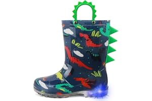 HugRain Toddler Boys Adorable Dinosaur Light Up Rain Boots