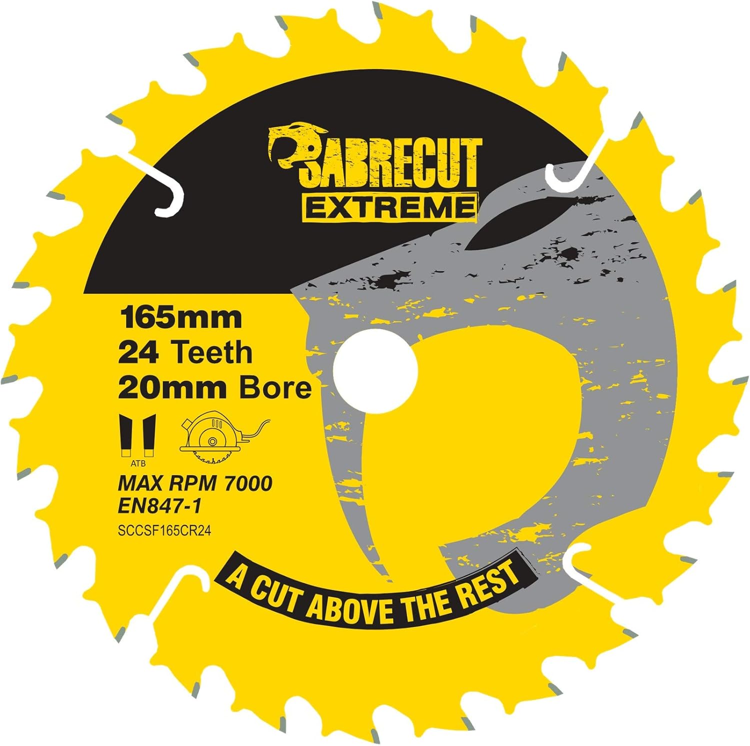 1 x SCCSF165CR24 SabreCut 165mm 24T x 20mm Bore Circular Saw Blade, yellow,black