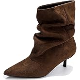 NENGMAON Women'S Suede Kitten Heel Slouchy Ankle Boots Fashion wrinkles Pointed Toe Low heel Pull On Wide Cowboy Calf Ankle Short Booties for Fall Causal Daily Work Winter Dress