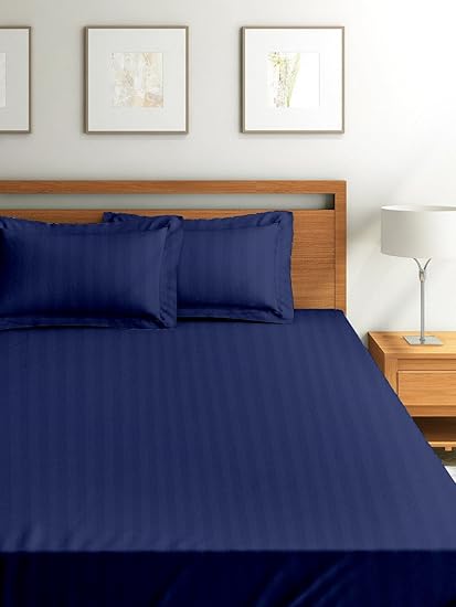 Cloth Fusion Amor Satin Striped 210 TC Cotton Fitted Bedsheet with 1 Pillow Cover- Single(78x36) Inches, Navy Blue