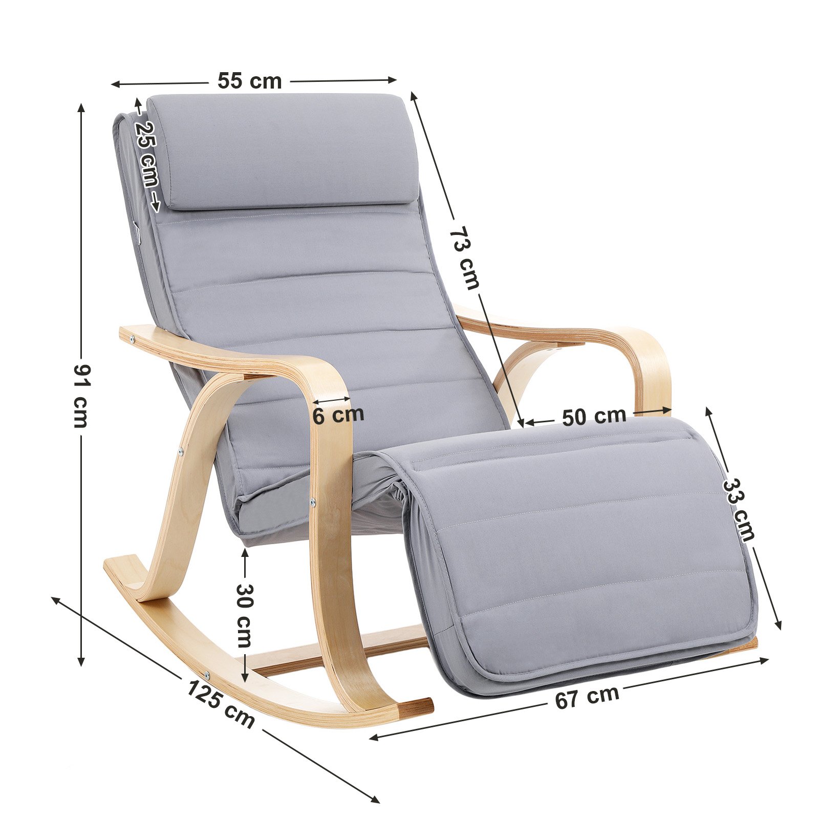 SONGMICS Schaukelstuhl aus Birkenholz, Schaukelsessel, 5-fach verstellbare Fußstütze, Bezug aus Baumwolle, bis 150 kg belastbar, Wohnzimmer, Schlafzimmer, hellgrau LYY41G, 67 x 125 x 91 cm 3