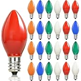 Xingzd 25PK C7 Multicolor Christmas Light Bulbs, Ceramic Replacement Bulbs | E12 Candelabra Base, Incandescent 5watts, Vintage Night Light Bulbs for Xmas Outdoor String Lights, Chandelier, Candles