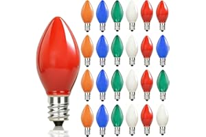 XINGZD 25 Pack C7 Multicolor Christmas Replacement Bulbs, Vintage Incandescent Ceramic Light Bulbs, 5W E12 Candelabra Base, Waterproof Glass Bulbs for Indoor Outdoor String Lights Roofline Decorations