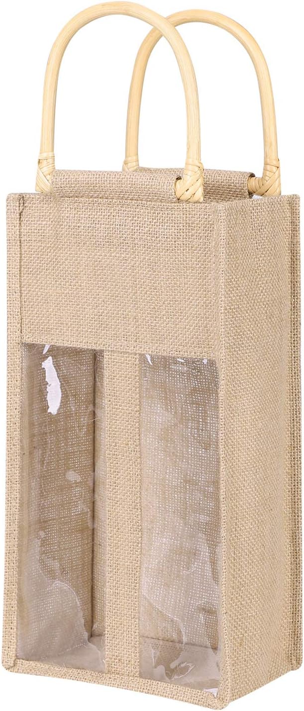 Qchomee Wine Bottle Carrier Bags, Rattan Handles Natural Linen Double/Single Bottle Bags For Champagne/Wine Present - Image 4