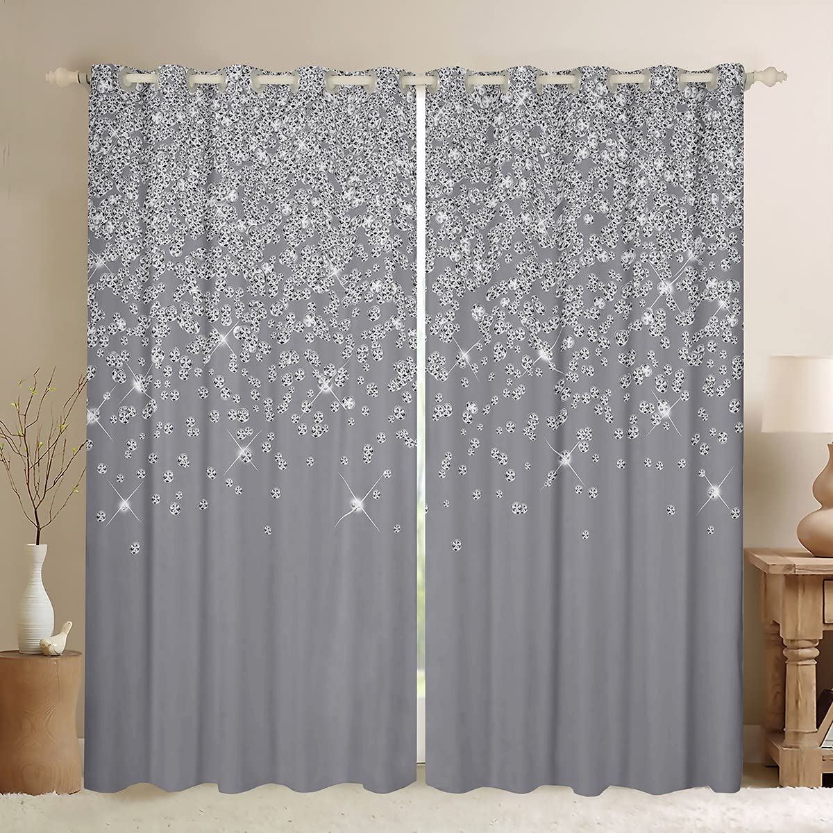 Loussiesd Silver Glitter Blackout Curtains(No Glitter) Bling Partyations Curtain Diamond Grey Darkening Window Drapes for Bedroom Bedroom Window Treatments W46*L54