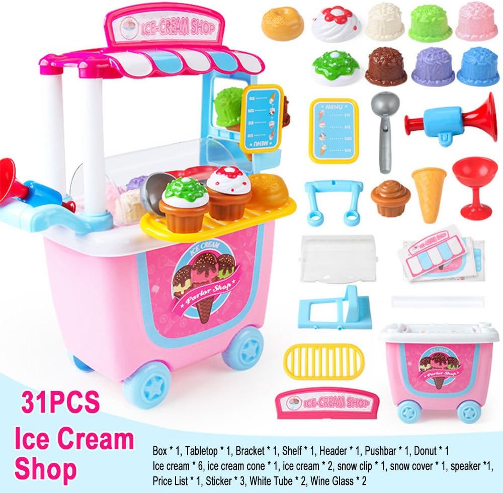 EVERGD Cute Kids Simulation Ice Cream Shop Dresser Cart Pretend Toy Set Role play Gift, Pink-ice Cream Set, Small - Image 4