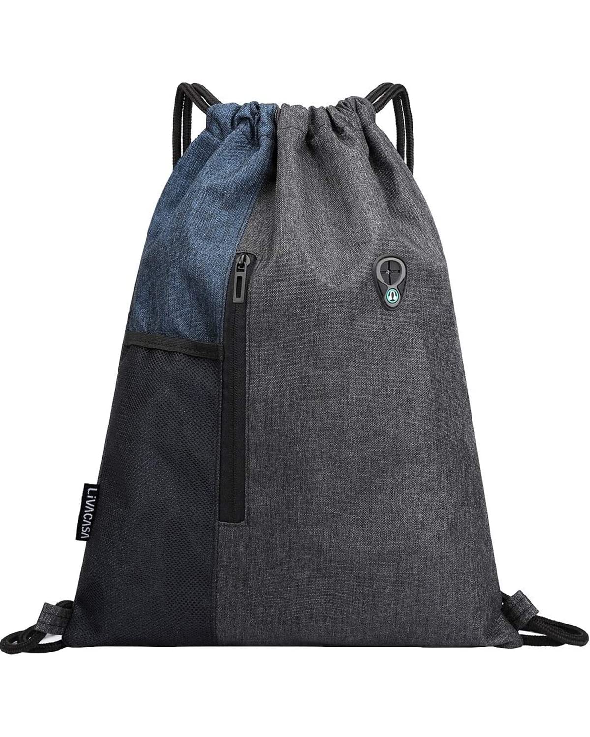 LIVACASA Gym Sack Drawstring Bag Sports Travel Drawstring Bag Water Repellency Mesh Pocket for Water Bottle Light Backpack Sack with Earphones Hole for Men Women Blue — image 1
