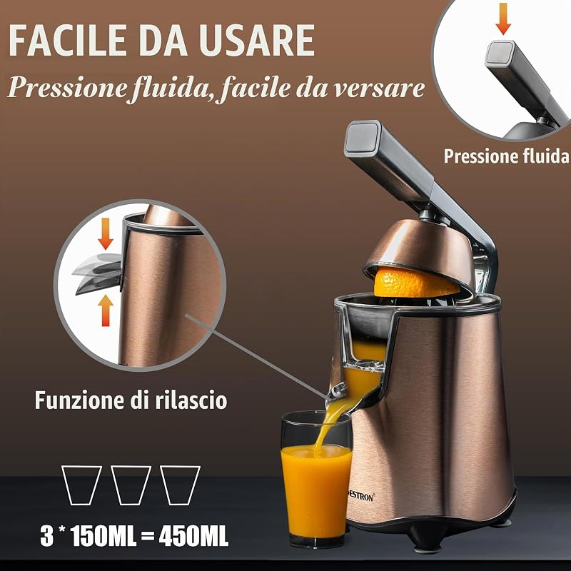 Spremiagrumi elettrico, spremiagrumi con funzione di arresto e filtro polpa in acciaio inox, con 2 coni, capacità 450 ml, leva soft pressa per un facile utilizzo, colore: rame