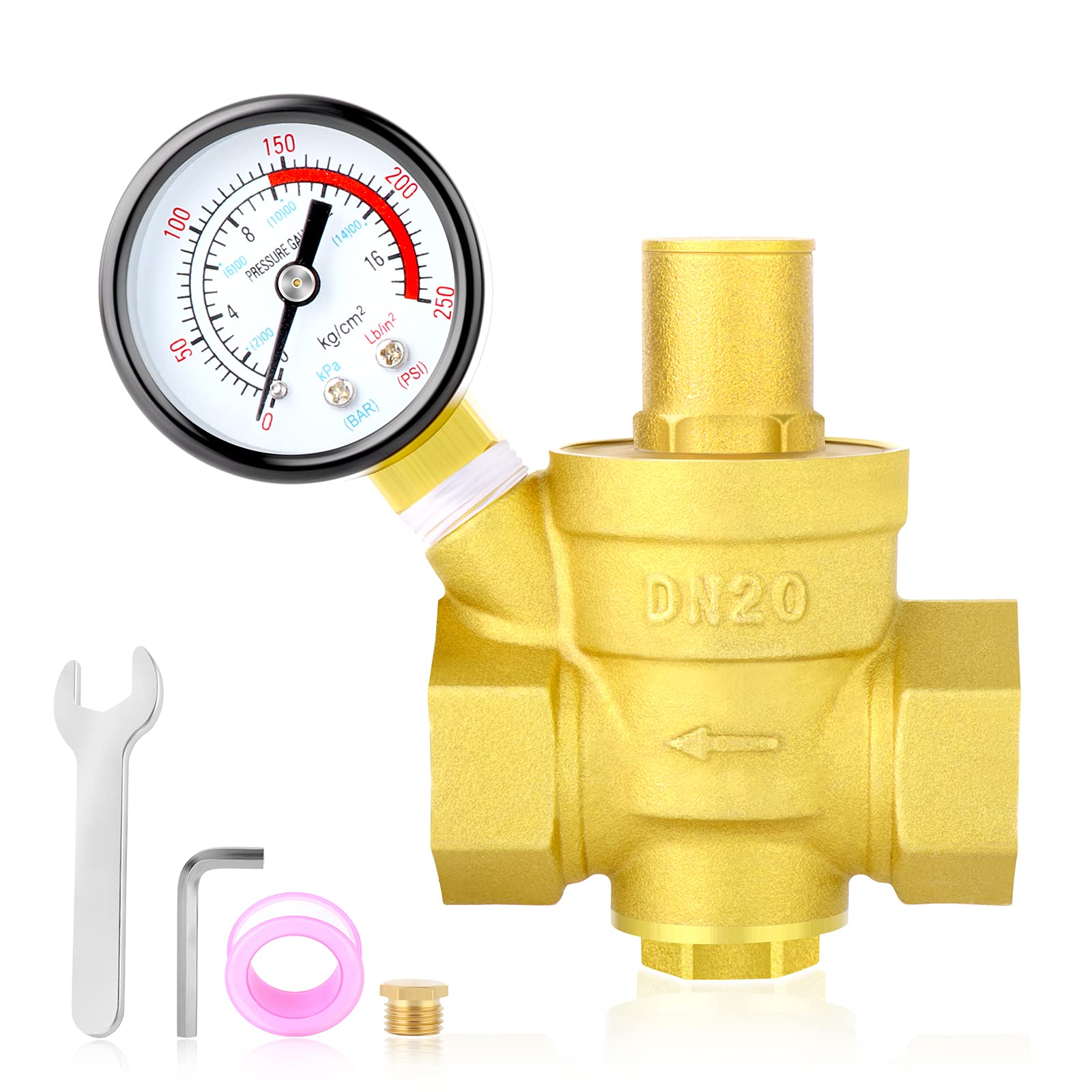 Photo 1 of MEANLIN MEASURE 3/4 inch brass Water pressure regulating valve, pressure regulating valve, pressure reducing valve, DN20, with 0-250PSI pressure gauge Yellow