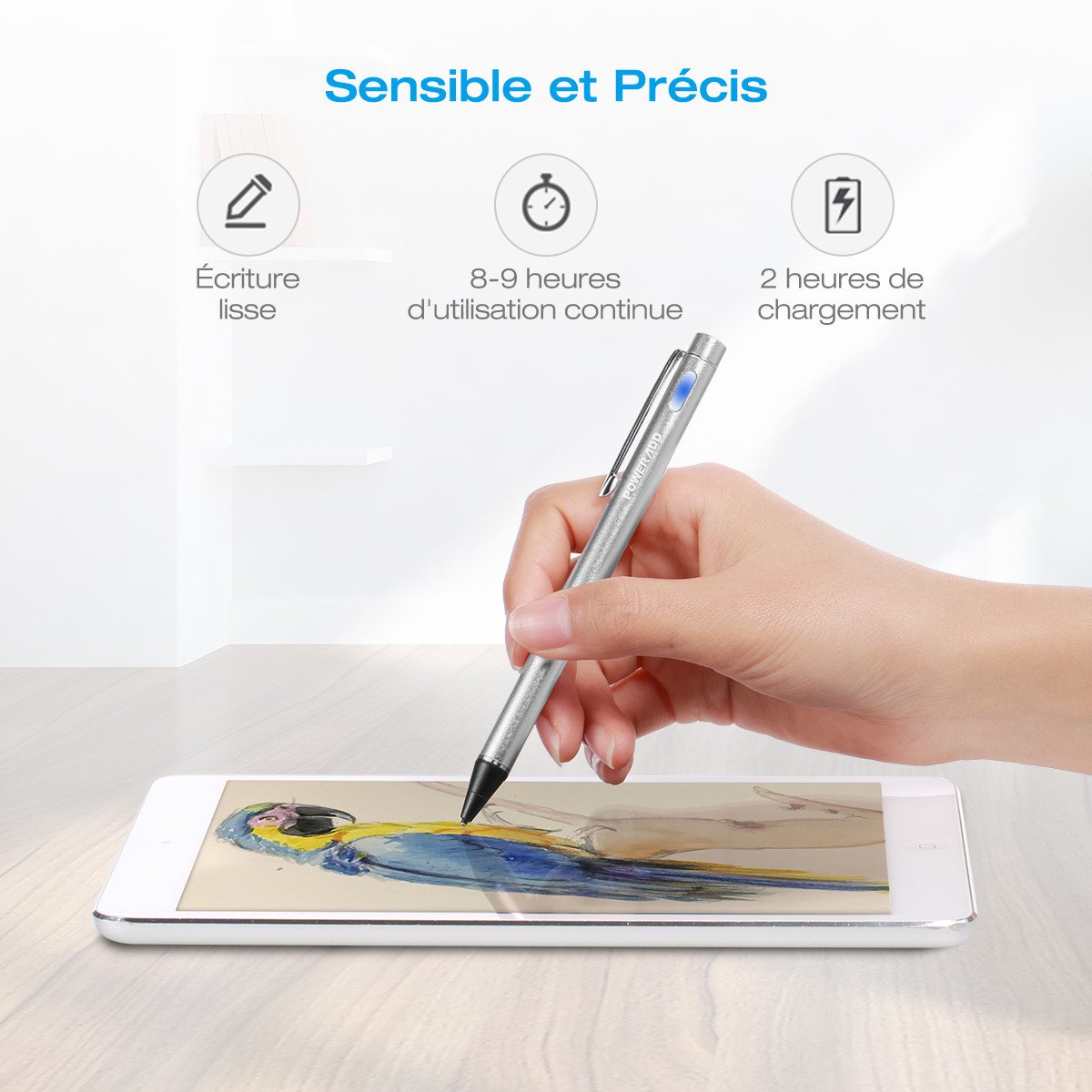 Poweradd Stylus Actif, Haute Précision Stylo Capacitif Universel pour les Appareils iOS / Android / Microsoft à Ecran Tactile, Argent