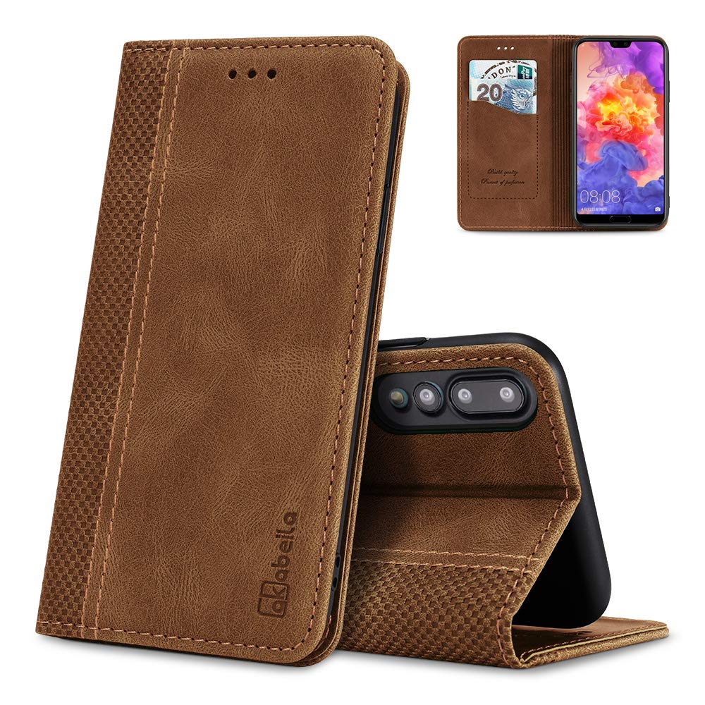 AKABEILA Case for Huawei P20 Pro Flip Wallet Case Premium PU Leather with Magnetic Closure Kickstand Card Slots Folio Phone Cover Protective Light Brown