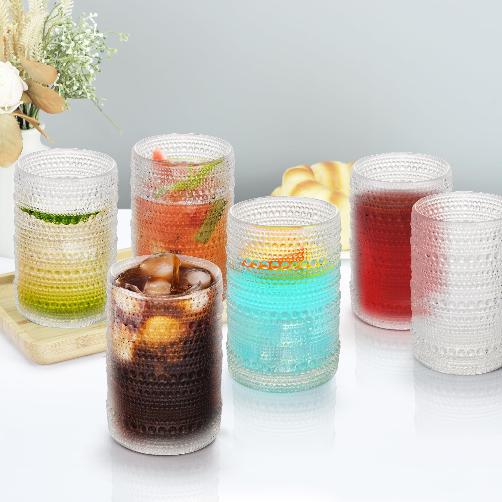 Ulable Hobnail Drinking Glasses, 13.5 oz Clear Drinking Glasses, Vintage Glassware, Water Glasses Set of 6 for Beer, Cocktail, Soda, Whiskey, and Various Mixed Drinks